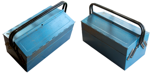 Caja metálica azul para herramientas. Imagen aislada. Fondo transparente