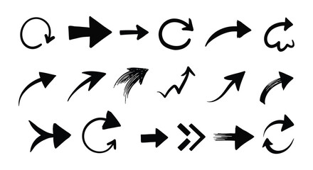 Collection of various black arrows on a white background