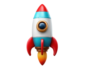 Cute rocket clipart with red fins, blue and white body, gold window, and fiery exhaust in papercut style, perfect for space themed designs and playful illustrations