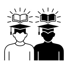 Two students wearing graduation caps with open books above their heads knowledge learning