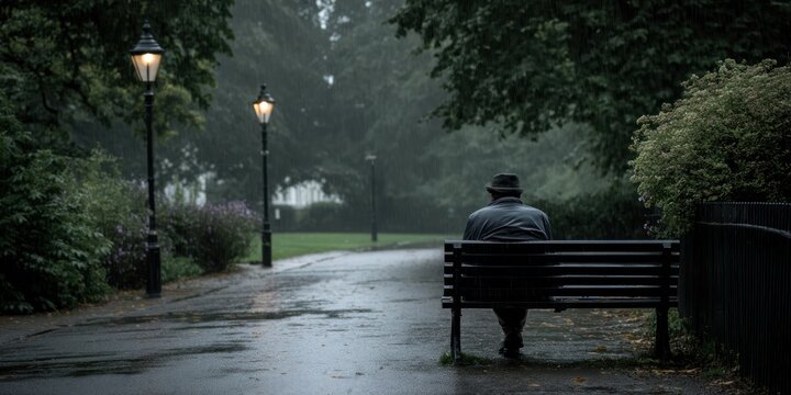 A solitary man sits on a weathered park bench beneath a heavy rain. The scene is dominated by a dark, moody atmosphere, with rain streaking down and reflecting on the wet pavement. - Powered by Adobe