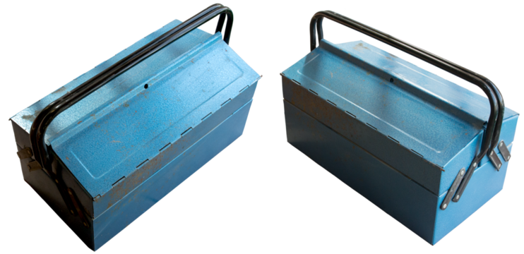 Caja metálica azul para herramientas. Imagen aislada. Fondo transparente