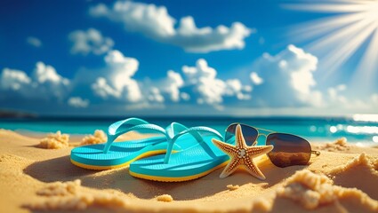Vibrant blue and yellow flip-flops and stylish sunglasses with a delicate starfish on golden beach sand, sparkling ocean and bright sun overhead, evoking the perfect summer vacation