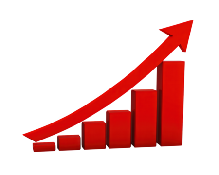 Red bar graph upward arrow growth business finance success isolated transparency background 3D straight side object positive trend motivation - Powered by Adobe