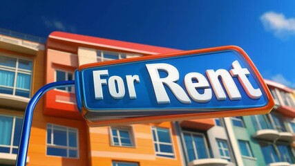 A sign displaying rental availability is prominently placed in front of a residential building for rent under a clear blue sky