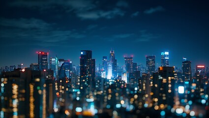 Obraz premium Modern Cityscape at Night with Glowing Lights and Tall Skyscrapers