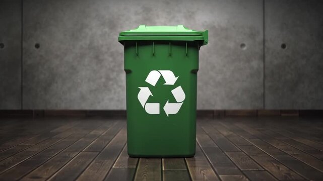 Recycling Bin Isolated on Wooden Background With Recycle Logo and Green Lid