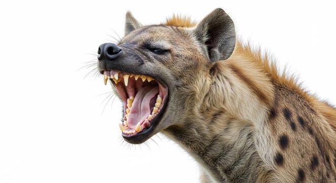 Hyene f�roce rugit intens�ment lumi�re vive fond blanc. AI Generated