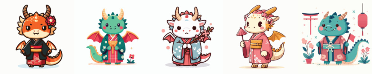 cute dragon vector in kimono costume