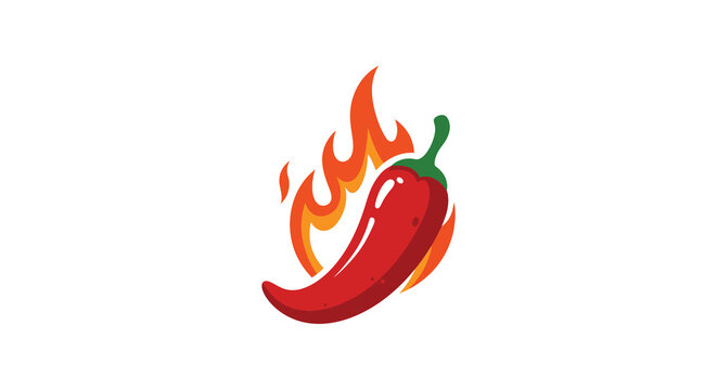 A red chili pepper surrounded by flames on a white background