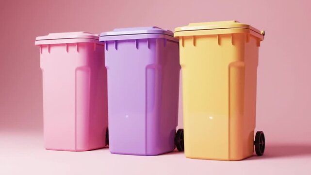 Row of Pastel Trash Cans in Pink Purple and Yellow on Soft Pink Background