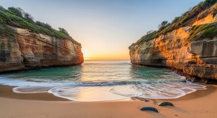 Tranquil sandy beach with a natural rock archway and calm turquoise ocean water at sunrise