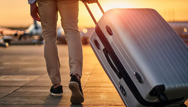 Man drags a suitcase with him at the airport on sunset 