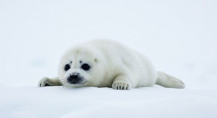 Petit phoque blanc adorable reposant sur neige pure lumi�re douce. AI Generated