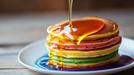 Colorful pancakes topped with syrup or honey are showcased on a rustic wooden table during breakfast time