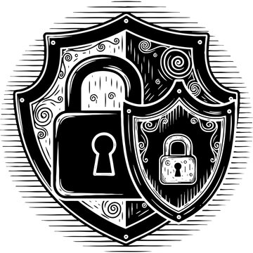 Vintage style digital security shield with padlock illustration for data protection, cyber safety, and privacy solutions. Concept of network security.