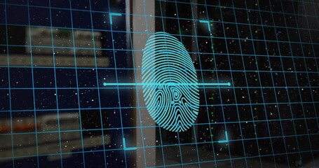 Glowing dot starting fingerprint expanding, scanning sweeping, shields fading confirming security - Powered by Adobe