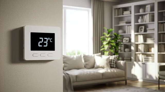 Temperature Controlled Digital Thermostat on Beige Wall in Living Room