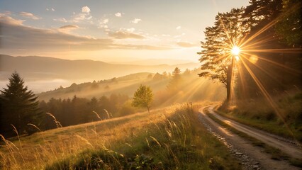 A serene landscape at sunrise or sunset, featuring a dirt road winding through a grassy hillside with scattered trees, as the golden sun peeks through the foliage, casting long rays and a warm glow ov