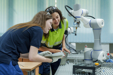 two female engineering students working with robotic automation system using tablet for instruction during collaborative smart factory training session focused on precision workflow