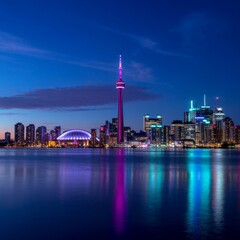 Obraz premium Illuminated tower and buildings reflected in water