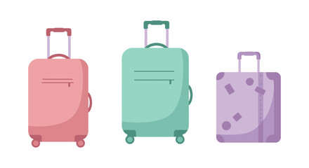 Three colorful suitcases standing side by side on a white background