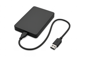 Black external hard drive with usb cable on transparent background