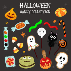 Halloween sweet treat candy set. Cake, lollipop, marmalade, cookie in the shape of scary characters. Cute ghost, scull, pumpkin, bat, etc.