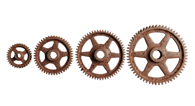 Five intricate cast iron industrial gears, rusted reddish-brown, pitted, on a smooth transparent seamless background, top-down view. Concept of industrial history and decay