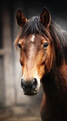 Obraz premium Majestic chestnut horse gazes inquisitively during a misty morning on a farm