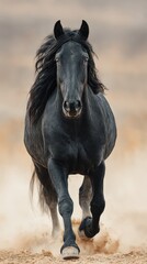 Majestic black horse gallops through dust in an open field during golden hour in natural light