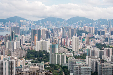 Fototapeta premium View of Hong Kong and Kowloon from Lion Rock Head. Panorama of Hong Kong, skyscrapers and nature.