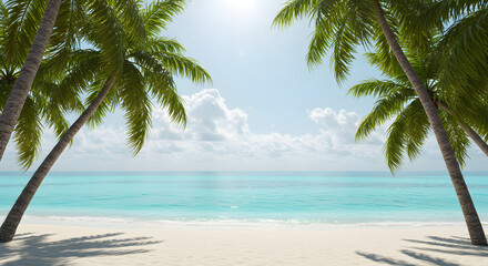 Idyllic tropical paradise beach with swaying palm trees framing the calm turquoise ocean and white sandy shore under a sunny sky.