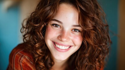 A cheerful young woman with vibrant curly hair flashes a bright smile, capturing a moment of joy and positivity in a candid portrait that radiates happiness and warmth.