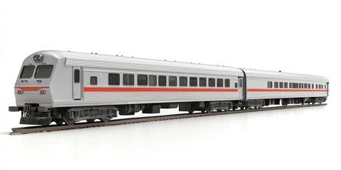 Naklejka premium A silver passenger train with red stripe on tracks, set against a plain white background. The train has multiple windows and a sleek, modern design.