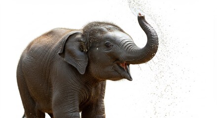 Obraz premium Jeune elephanteau joue joyeusement eau claire fond blanc. AI Generated