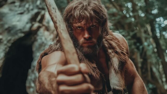A muscular hunter readies his spear while surrounded by trees in a prehistoric forest, showcasing his strength and determination