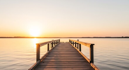 Fototapeta premium Jet�e bois calme au coucher soleil dor� paisible. AI Generated