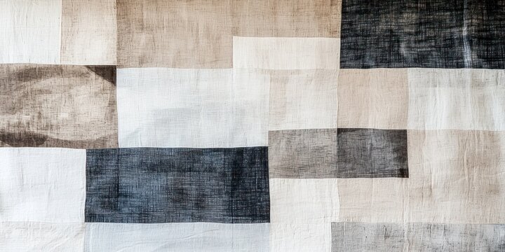 A patchwork quilt with a geometric pattern of squares in neutral tones of beige, white, and dark gray. The quilt is laid flat, showcasing its intricate design and soft textures.