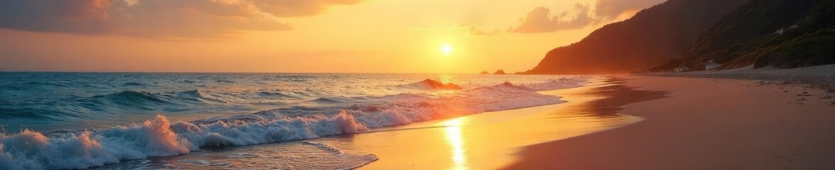 Naklejka premium Serene Coastal Dawn Golden Sunlight Illuminates Tranquil Beach Waves Gently Lapping the Shore, Creating a Peaceful Atmosphere Perfect for Travel, Vacation, or Nature Themes.