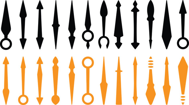Vector set of clock hands.Clock arms. Black hands of clocks, isolated time pointers various design.Clock hands vector set in black and orange offer creative design timepieces