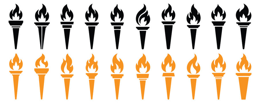 Torch flame icons. Big set of different torch fire flames in black.Torch fire icon. Burning torch logo, vector illustration
