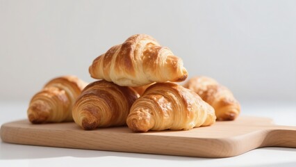 freshly baked croissants stacked on a wooden board, soft morning light, plain white background, high detail food photography