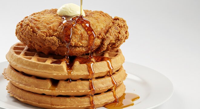 Gaufres dor�es napp�es sirop �rable poulet frit croustillant lumi�re douce. AI Generated