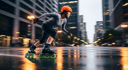 "Rollerblader speeding down city street, motion blur background"