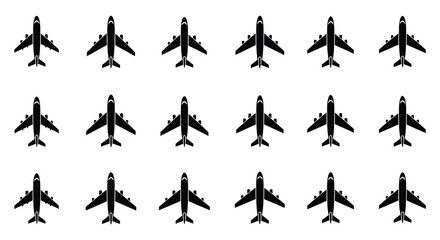 Multiple airplane silhouettes in various orientations on white background