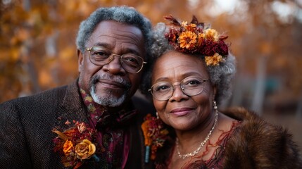 A heartwarming portrait of a loving elderly couple, dressed elegantly, surrounded by vibrant autumn foliage, embodying wisdom, love, and the beauty of lasting relationships.