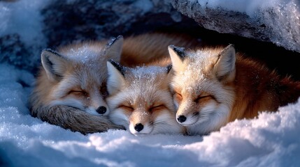 Three red foxes huddle together in a snowy den, showcasing their vibrant fur and close bond in a serene winter landscape.