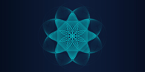 Neon geometric mandala pattern. Abstract glowing wireframe background with symmetry and futuristic digital design © Olga Tsikarishvili