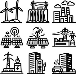 Obraz premium Set of black vector city buildings and industrial factory icons featuring urban architecture silhouettes and business cityscape design elements for construction and industry illustration